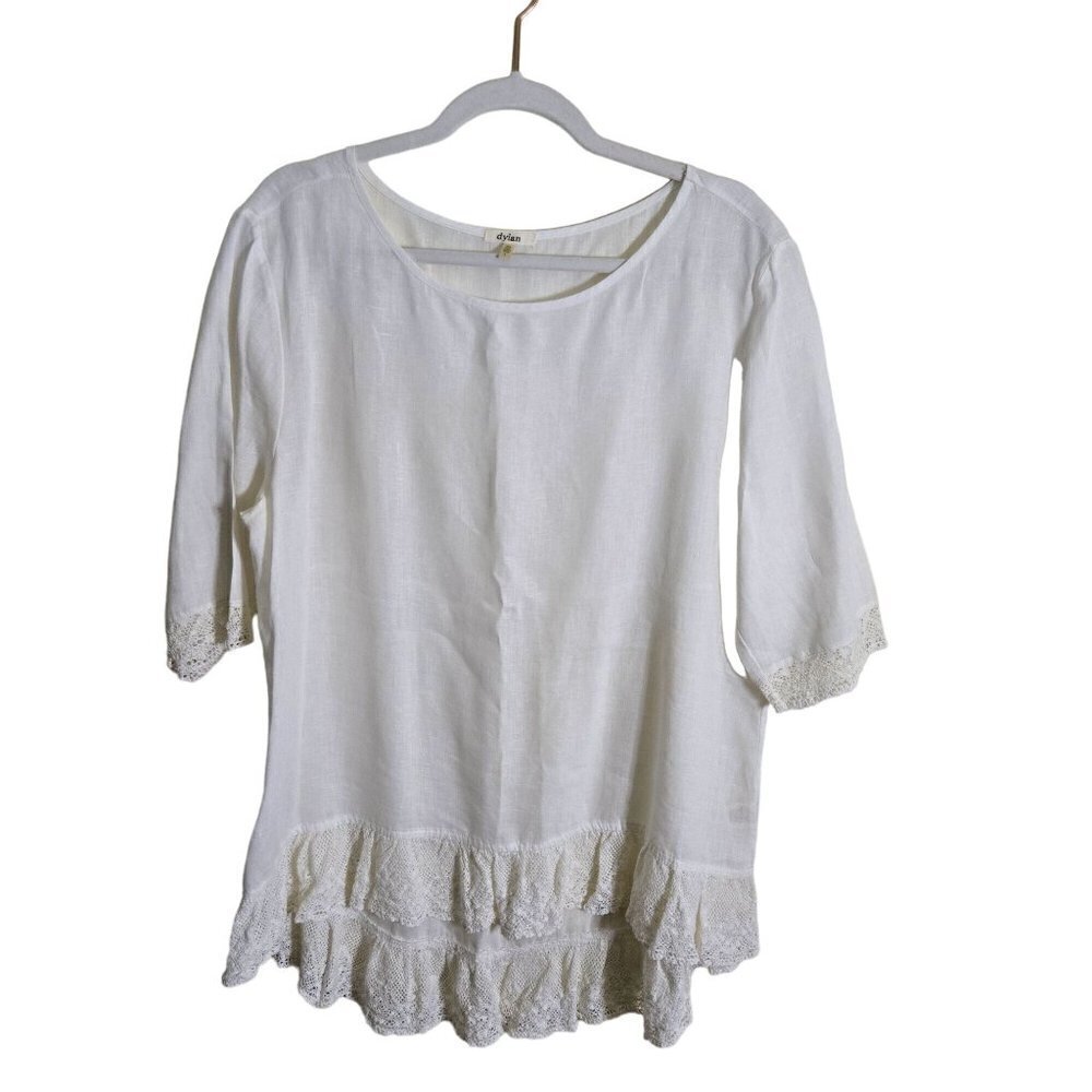 Dylan White 100% Linen Bohemian High Low Lace Trim Top Size L